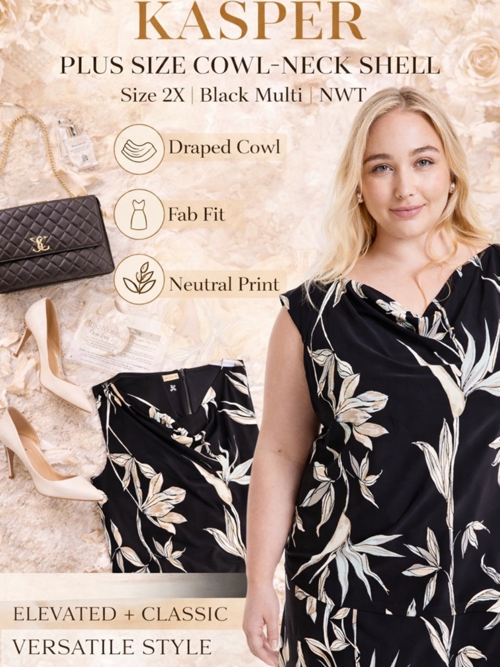 Kasper Plus Size Printed Cowl-Neck Shell Top 2X NWT Black Multi